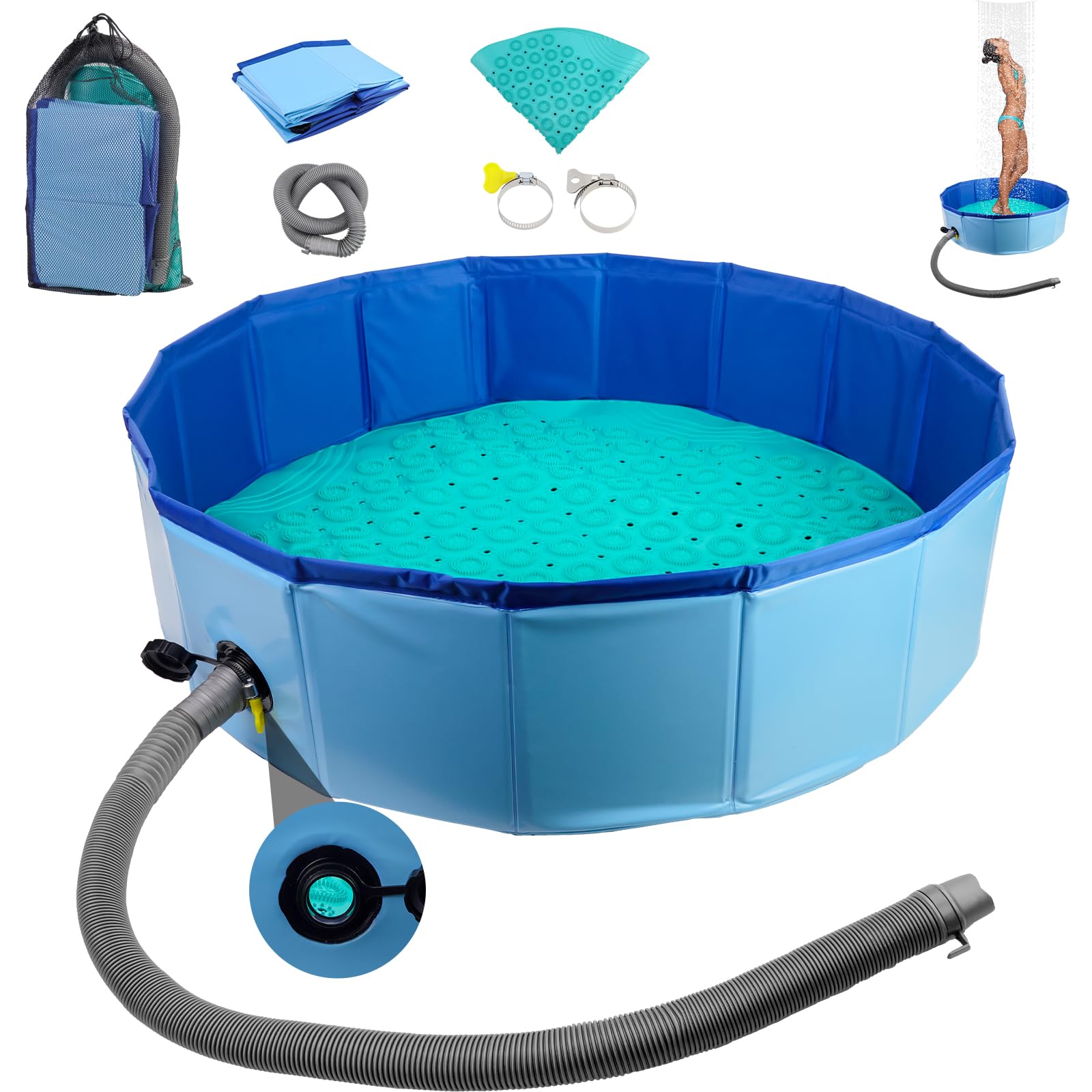 Photo 1 of Camkinger Portable Shower Pan with Nonslip Mat Set, Foldable Basin Floor with Bath Mats for Bathroom Non Slip, 2 in 1 Camping Shower with Anti Slip Bathtub Mat for RV, Portable Indoor Basin Enclosures