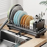 Laveshop Small Dish Drying Rack, Compact Dish Drainer for Kitchen Counter, with Adjustable Back Slots, Space-Saving for Small Kitchens, Black