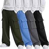 LessonZoo 4 Pack Boys' Cargo Sweatpants Elastic Drawstring Open Bottom Active Pants Casual Workout Joggers with 4 Pockets