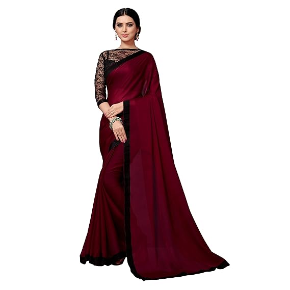Women's Silk Chiffon Saree with Black satin Border and Net blouse piece (Free Size)