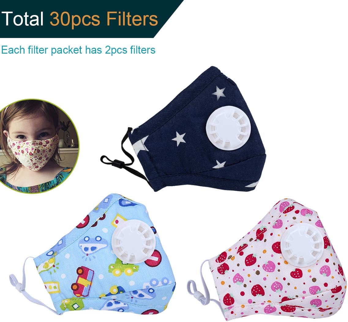 Dodoshop 3Pack Kids N95 Mask with 30Fliters and Valve Replaceable Outdoor Protection N95 4 Layer Filter Insert Anti Dust Mask 3 Pack + 30pcs Fliters