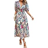 KAOBIO Women's Summer Boho Midi Dress V-Neck Puff Sleeve Flowy Beach Party Dresses Tropical Vacation Cruise Resort Outfits