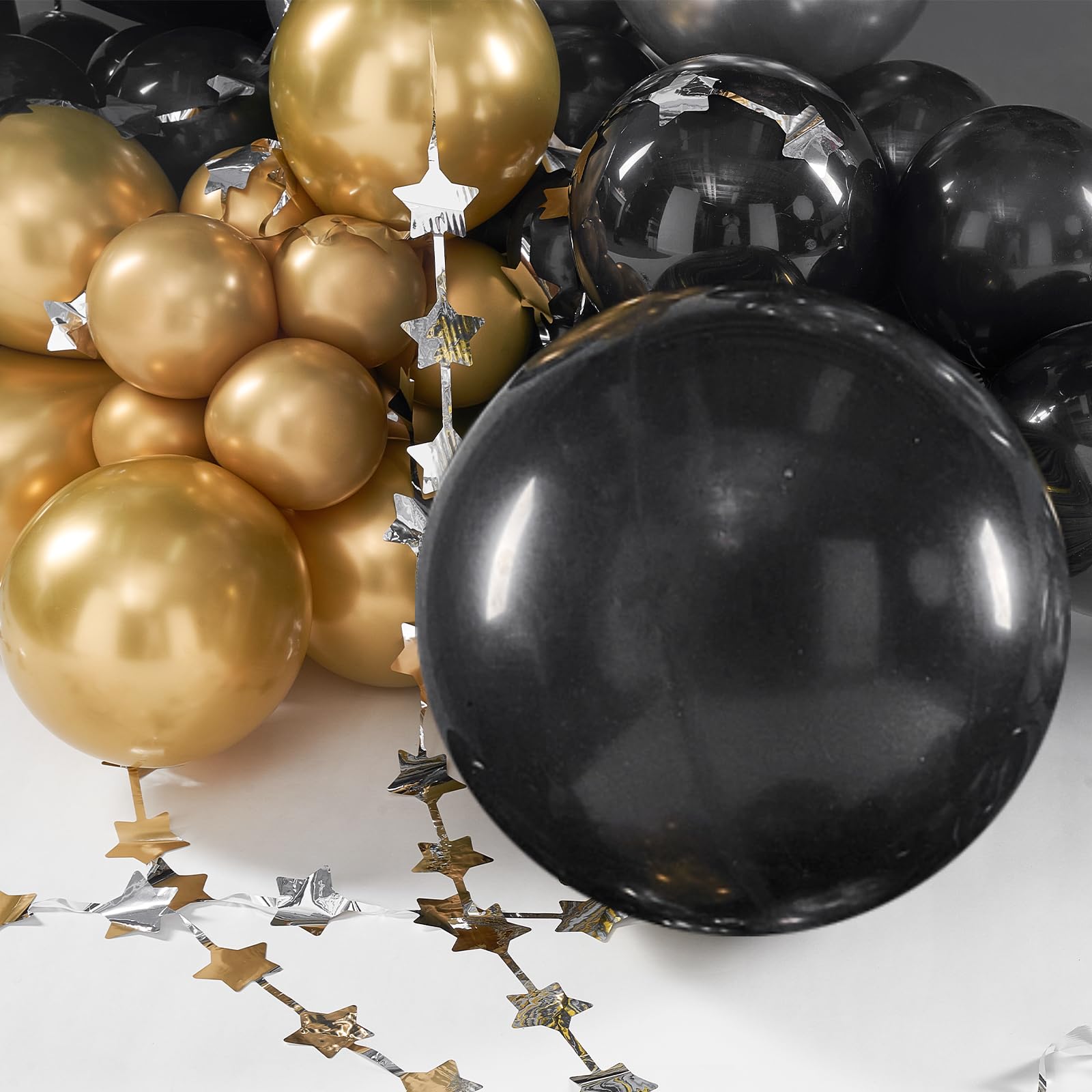 PartyWoo 140 pcs Black and Gold Balloon Arch Kit, Black and Gold Balloons Garland with 4D Marble Balloons, Chrome Metallic Silver Balloons, Star Garland for Birthday Decorations, Retirement Party