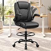 Drafting Chair, Tall Office Chair for Standing Desk Counter Height, Black | High ergonomic executive computer chair, leather, flip-up arms, lumbar support, adjustable height, foot ring and 360&deg; swivel