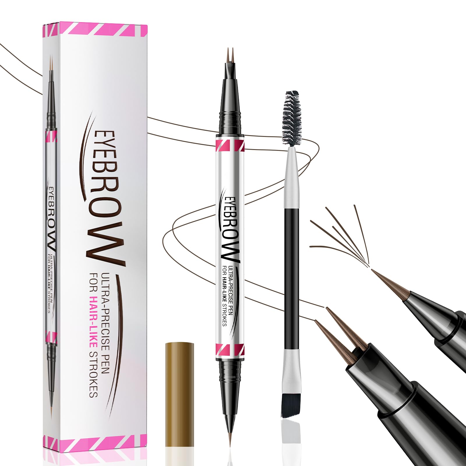 Microblading Eyebrow Pen, Dual Ended Eyebrow Pencil with 2 Micro-Fork-Tip, 3D Waterproof Smudgeproof Eye Brow Pencil with Brow Brush, Liquid Brow Pencil Creates Natural Hair-Like Brows (Dark Brown)