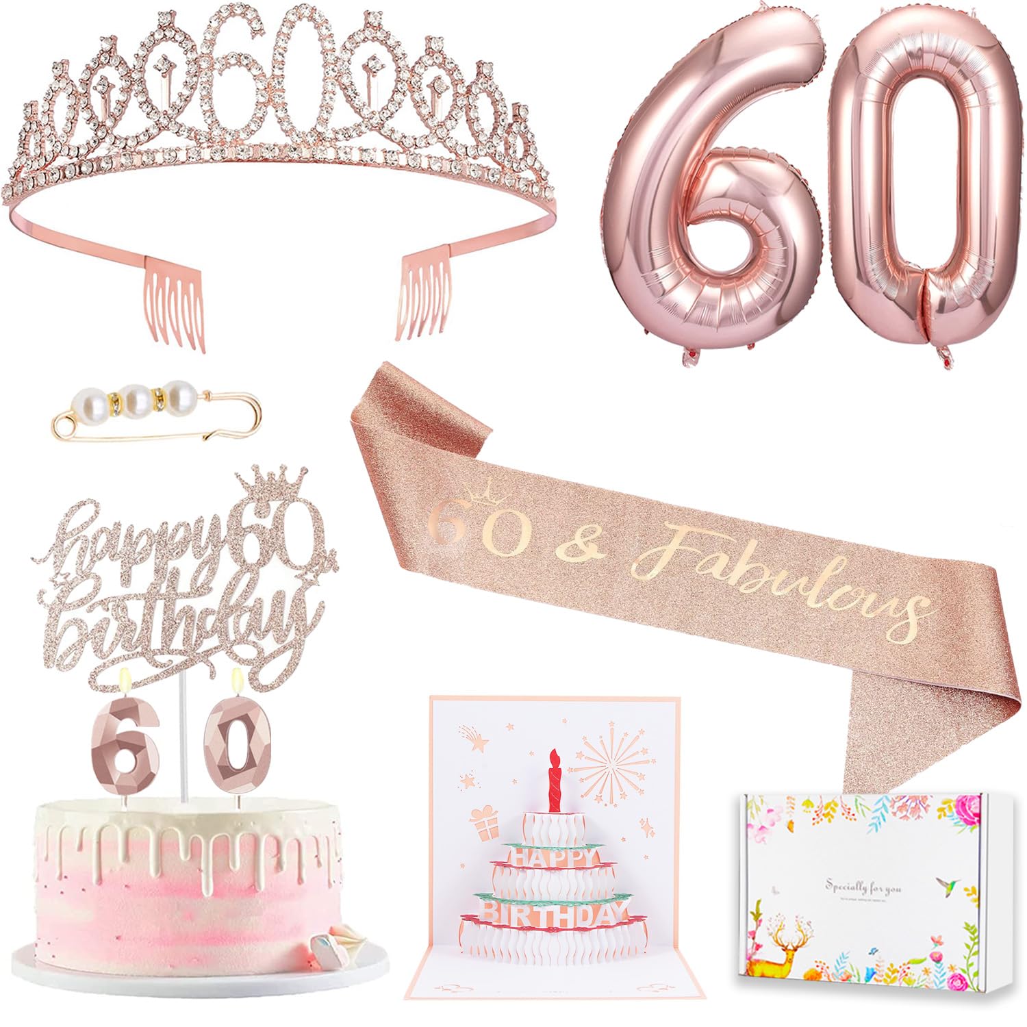 Photo 1 of 60th Birthday Decorations for Woman, 60th Birthday Sash and Crown, Pop Up Card, Cake Topper, Number Candles and Balloons,, 60 Year Old Gifts for Women