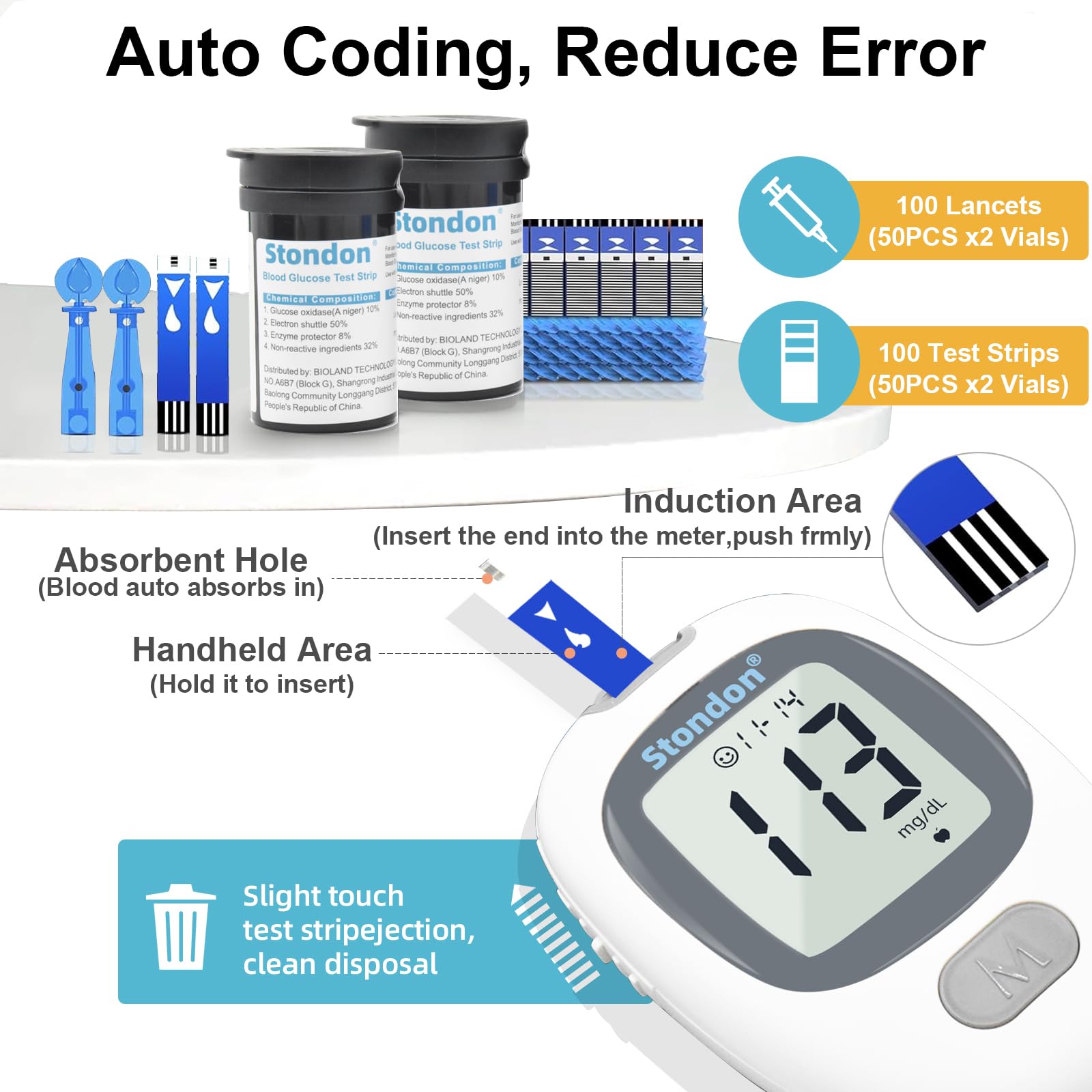 G430 Blood Glucose Monitor Kit,Blood Sugar Testing kit,Diabetes Testing Kit, Blood Glucose Meter, 100 Glucometer Strips, 100 Lancets, Test Strips Blood Sugar Meter Glucometer,HCT for Home Use