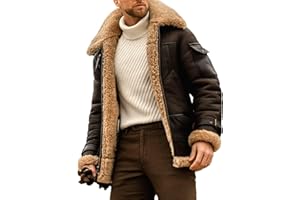 QOAAIE Vintage Fur Collar Sherpa Leather Coat for Men Winter Warm Thicken Leather Jacket Classic Motorcycle Bomber Overcoat