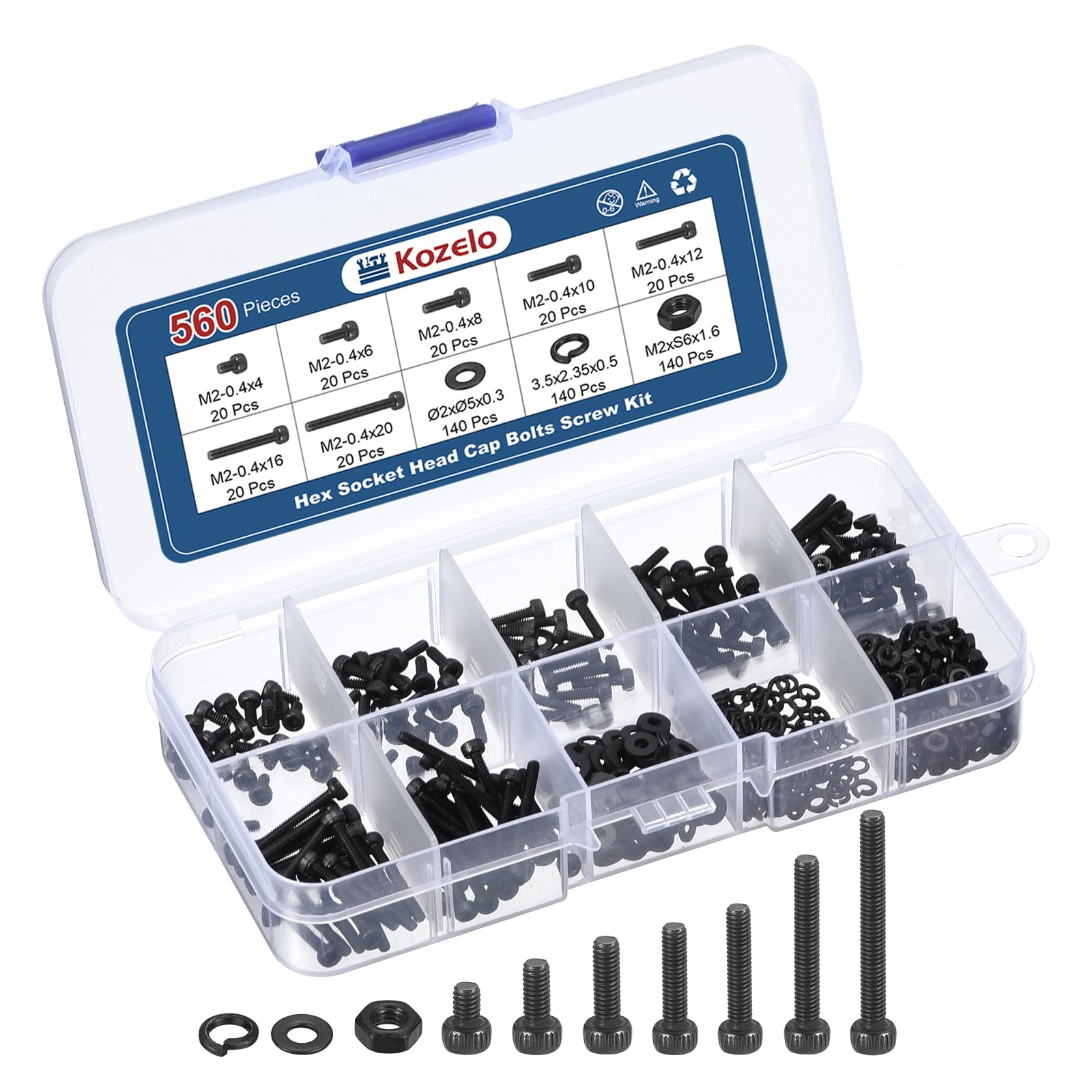 Kozelo 560pcs M2 Socket Head Cap Screws Bolts Nuts Assortment Kit - [M2x4/6/8/10/12/16/20mm] Alloy Steel Fully Threaded Black Oxide 12.9 Internal Hex Screw for 3D Printer Use — image 1