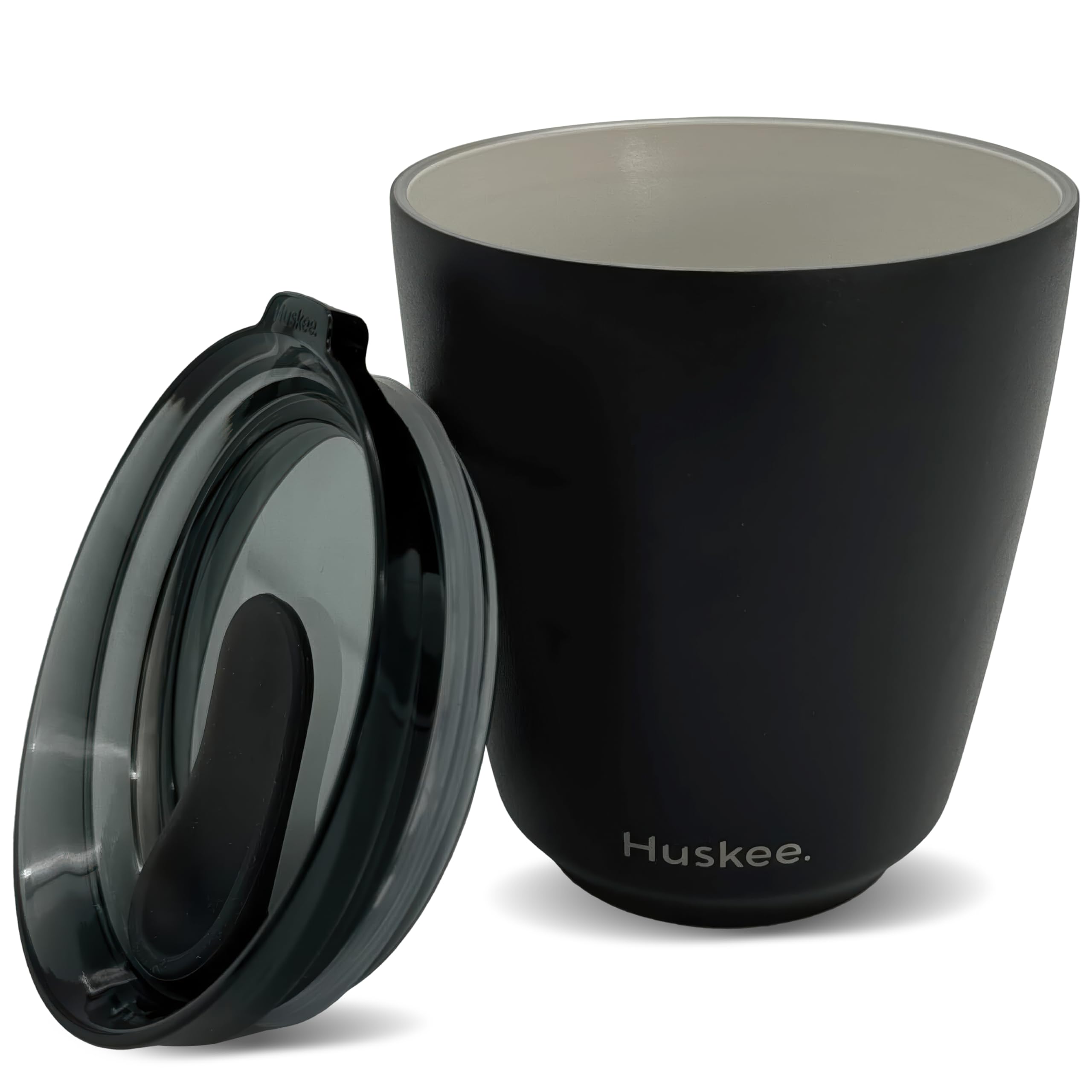 HUSKEE 8oz Stainless Steel Coffee Cup - Reusable, Stackable & Insulated Cup with Lid - No Spill Ceramic-Lined Travel Cups for Hot Drinks, Gift for Coffee Lovers & On-The-Go - Black