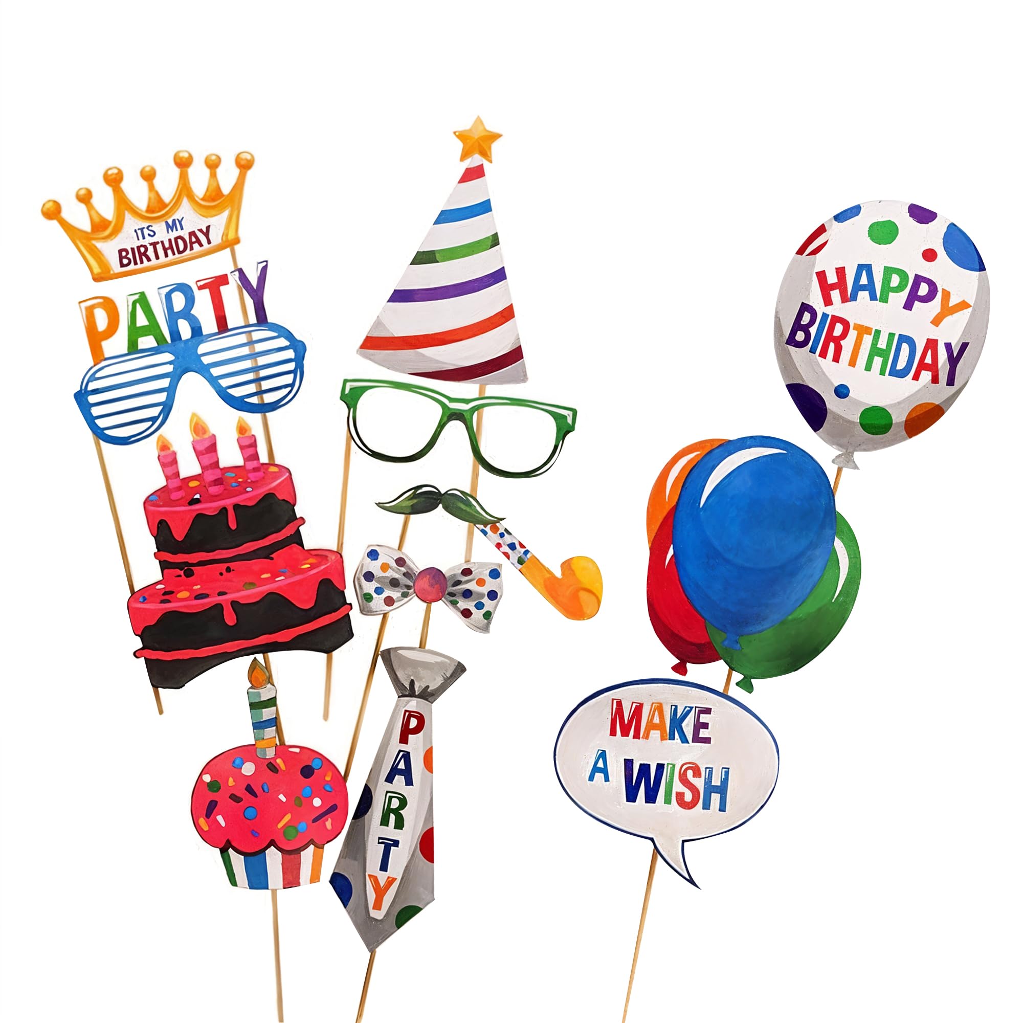 Trimming Shop 21pcs Birthday Photo Booth Props with Sticks – Colourful Funny Masks for Kids & Adults, Assorted Selfie Props Kit for Parties, Events, and Weddings Celebrations