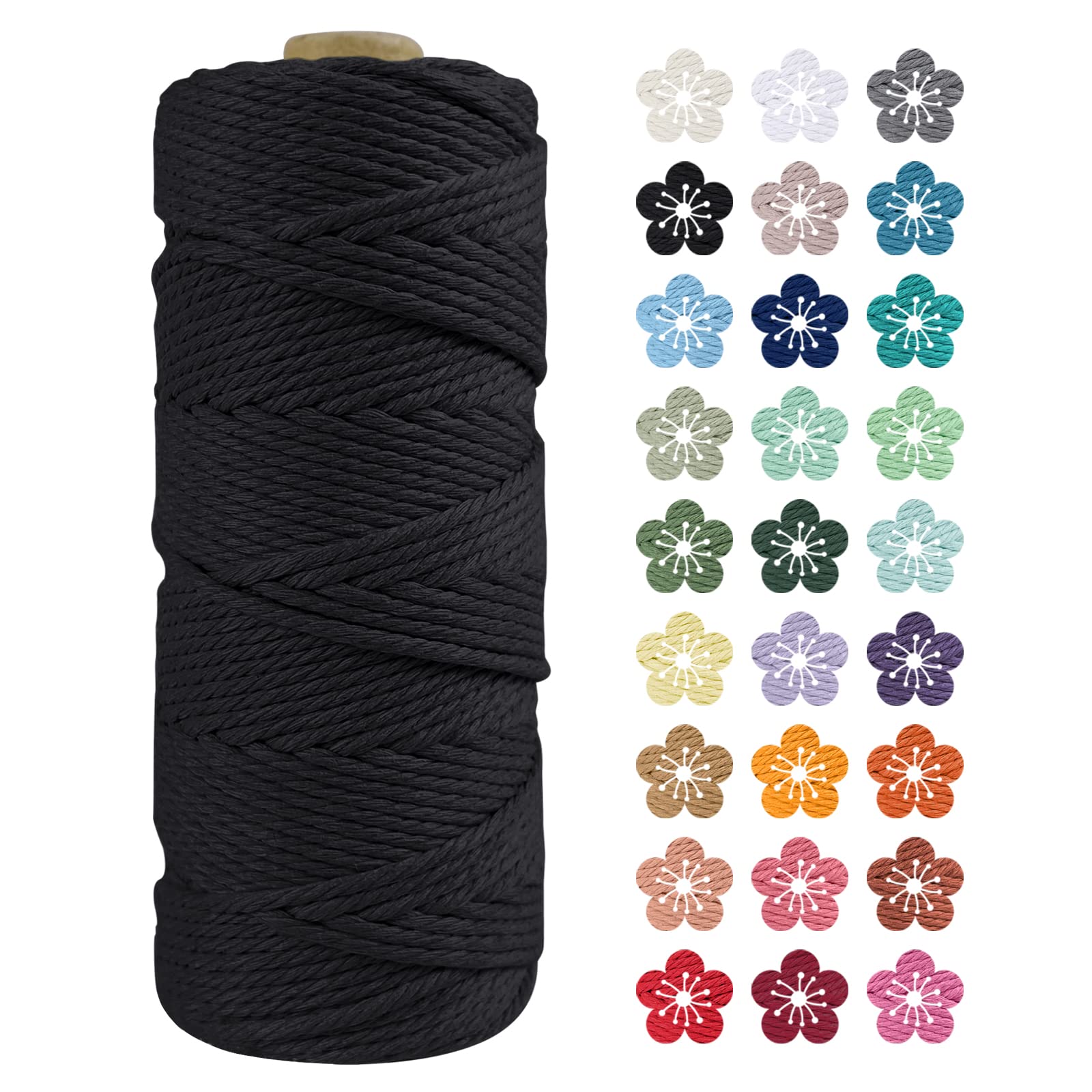 LEREATI Macrame Cord 2mm x 100m, Thick Macrame Rope Natural Cotton Rope Craft String, 3 Strand Twisted Cotton Cord Yarn for DIY Plant Hanger, Wall Hanging, Christmas Decoration (Black)