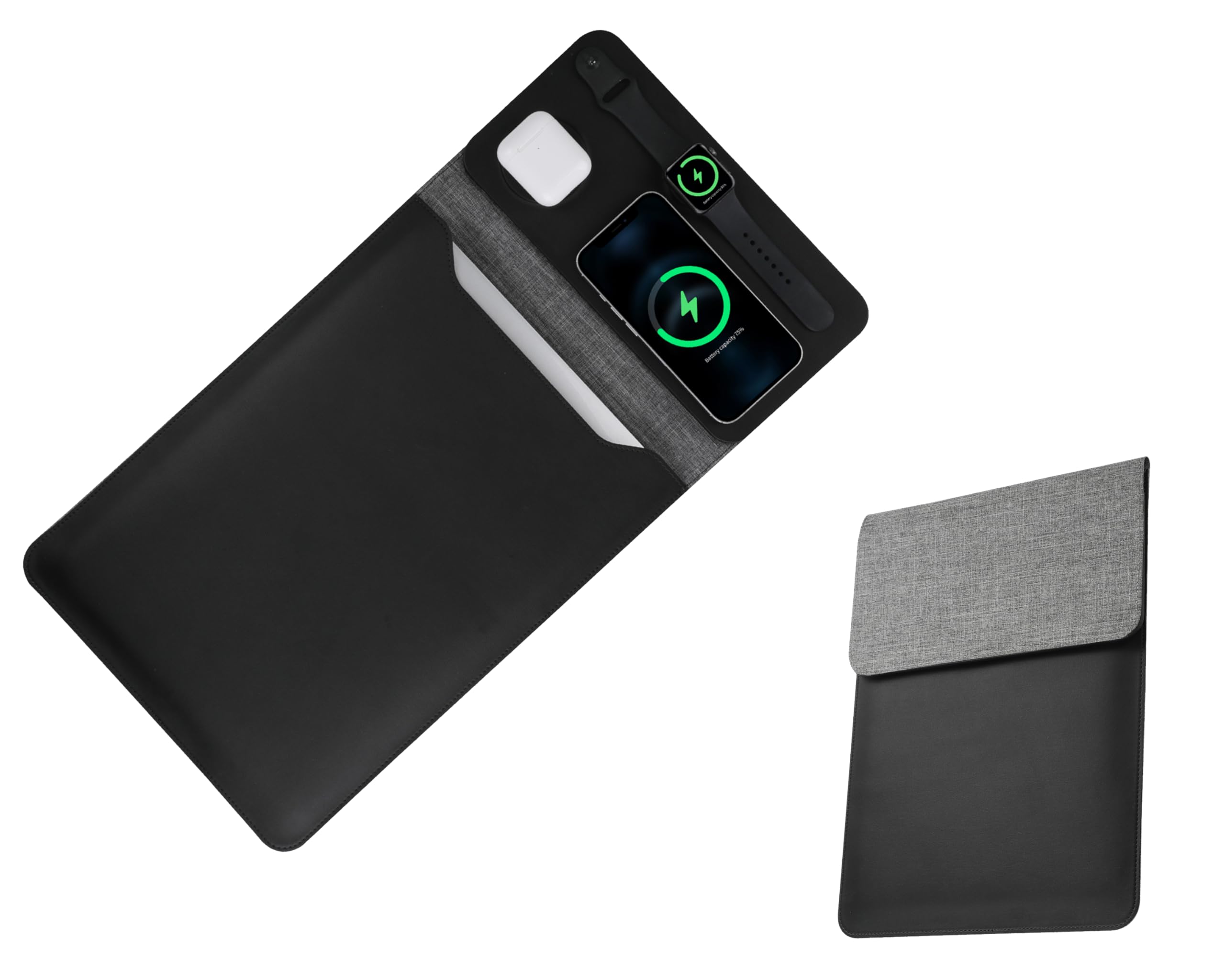 Photo 1 of *MINOR DAMAGE - USED*
Gyanm 5-in-1 Laptop Sleeve with Wireless Charging for iPad MacBook Pro 12" 13" 14", Charge Mat for Phone Earbuds iWatch, Executive Office Organizer with Pocket, Waterproof Vegan Leather Case (Black)