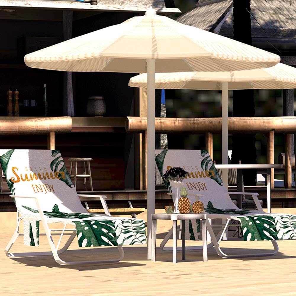 Lmeison Beach Chair Cover Green Leaves, 2Pack Microfiber Chaise Lounge Towel with Storage Pockets for Pool, Sun Lounger, Hotel, Vacation, Holidays Sunbathing, No Sliding (84.6" x 29.5"): Kitchen & Dining