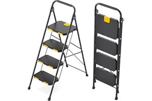 KINGRACK 4 Step Ladder, Sturdy Steel Step Stool with Safe-Lock Design, Handrail, Anti-Slip Wide Pedals, Pass 800lbs Load Testing, Folding Portable Ladder for Multi-Purpose, Home, Kitchen, Black