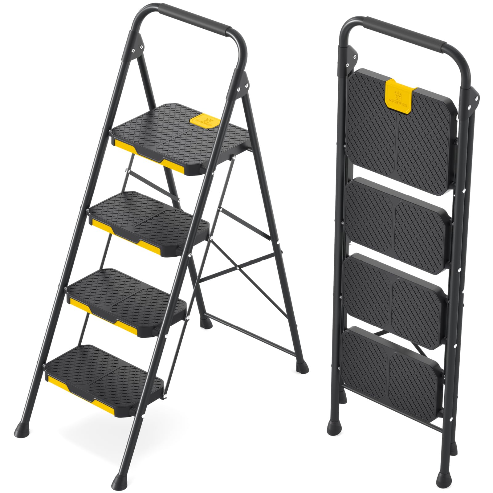 Photo 1 of ***FOR PARTS ONLY/ HAS 21 BROKEN LEG*** KINGRACK 4 Step Ladder, Sturdy Steel Step Stool with Safe-Lock Design, Handrail, Anti-Slip Wide Pedals, Pass 800lbs Load Testing, Folding Portable Ladder for Multi-Purpose, Home, Kitchen, Black