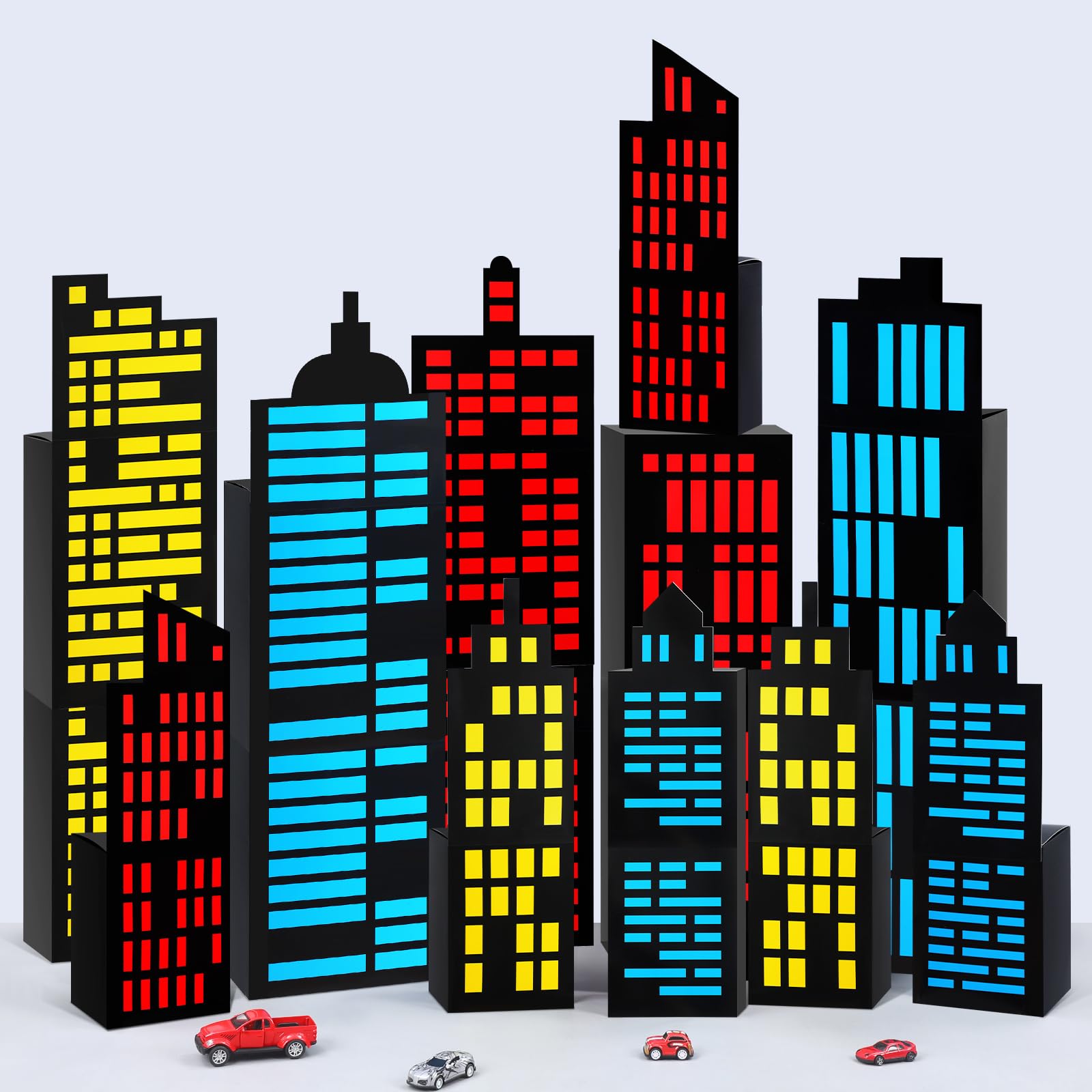 Photo 1 of 16 Pcs Halloween Hero Trunk or Treat Car Decorations Kit Party Favor Boxes with 10 Pcs Cards Skyscraper City Gift Box 3D City Buildings Heroes Car Outdoor Party Decor Supplies(Yellow,Blue,Red)