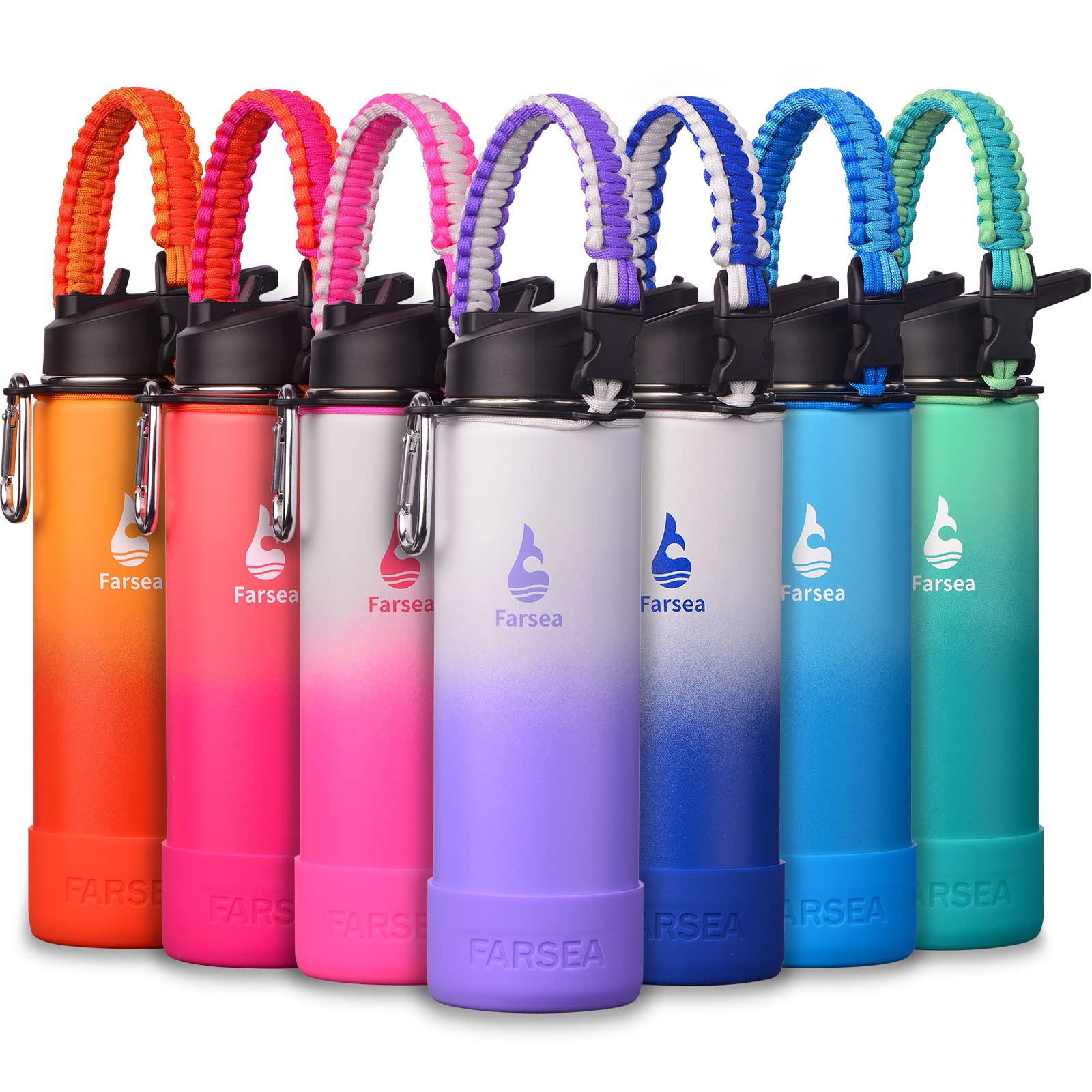 Photo 1 of Farsea Insulated Water Bottle With Paracord Handle, Protective Silicone Boot and 2 Lids (Straw Lid & Spout Lid), Stainless Steel Water Bottle Wide Mouth, Double Wall Sweat-Proof BPA-Free, 24 oz