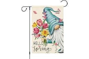 HEYFIBRO Hello Spring Gnome Garden Flag 12x18 Double Sided Burlap Butterfly Floral Garden Yard Banner for Summer Rustic Seasonal Outside Outdoor House Decoration (ONLY FLAG)