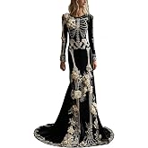 Halloween Skeleton Dress for Women Fitted Gothic Floral Print Knit Dresses | Crew Neck,long Sleeve,halloween Costumes for Women Tailed Skirt,waist-Cinching,soft,flowing Fall Winter Cosplay Dress