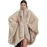 Tngan Faux Fox Fur Trim Cardigan Cloak Shawl Wraps Winter Poncho Oversized Cape