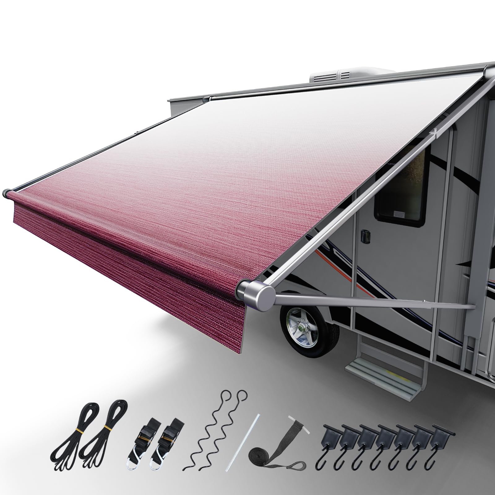 Fonzier RV Awning Fabric Replacement, 19.5oz Heavy Duty Vinyl, with Tie Down Kits & 7 Hooks & Pull Strap for Trailer Camper Awning- 19'(Fabric 18'2"), Burgundy Fade Image