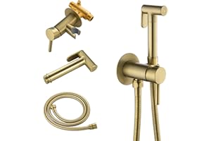 SHAMANDA Warm Water Bidet Sprayer for Toilet with Hot and Cold Brass Rough-in Valve, Stainless Steel Round Handheld Bidet Attachment Set for Feminine, Pets and Baby Diaper Wash, Brushed Gold, BDS09-3