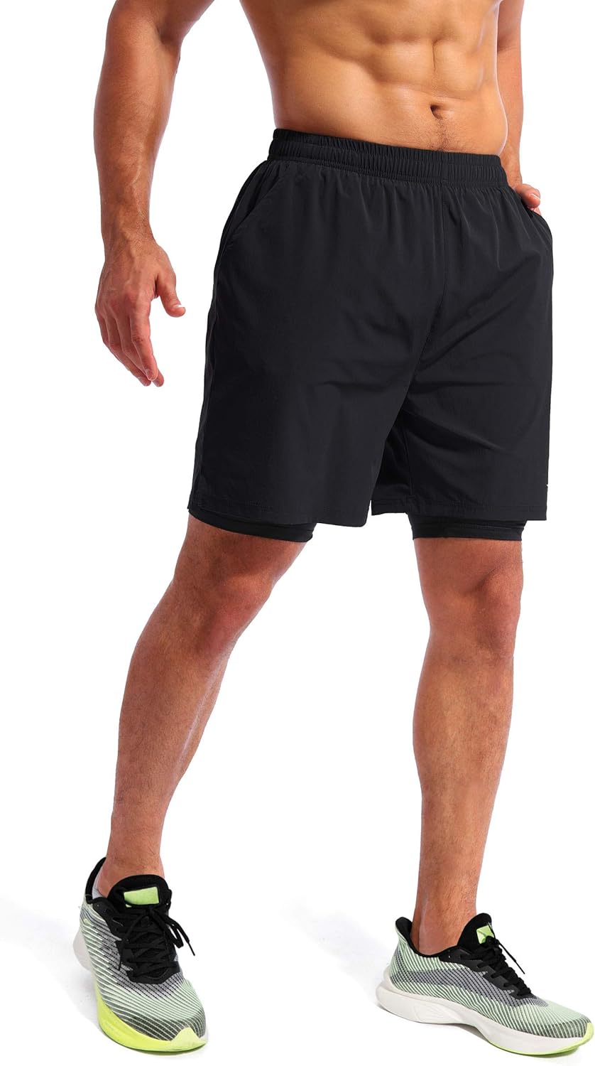 Pudolla Men’s 2 in 1 Running Shorts 7" Quick Dry Gym Athletic Workout Shorts for Men with Phone Pockets: Clothing