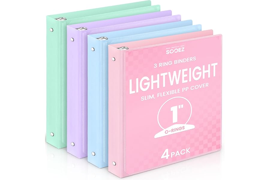 Sooez 1 Inch Binders 3 Ring, 4 Pack Lightweight Binders with Slim Flexible PP Covers, Round Rings, 2 Interior Pockets, Holds 175 Sheets, Pastel Colors for School, Office & Home Organization