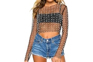 Naileksi Women Pearl Rhinestone Sheer Mesh Crop Top Sexy See Through Long Sleeve Slim Fit Cropped Blouse Shirt Clubwear
