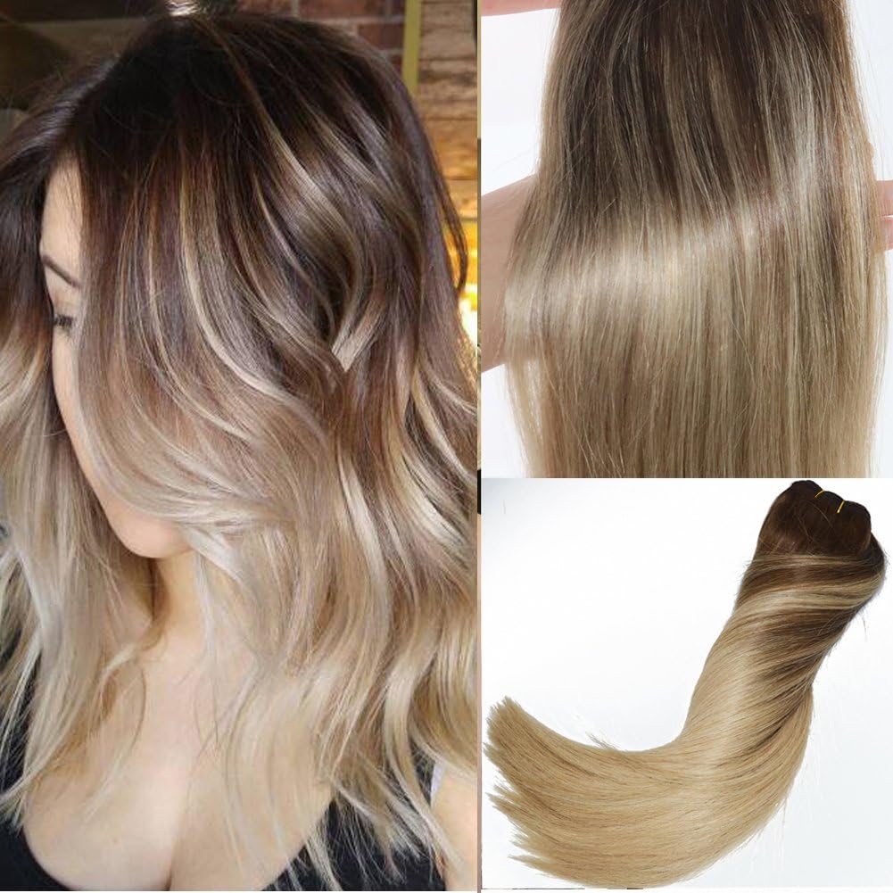 120Gram Virgin Remy Balayage Hair Clip in Extensions Ombre Medium Brown to Ash Blonde Highlights Real Human Hair Extensions (24 inch, 4/18)