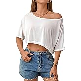 JDEEO Women's Sheer Mesh Off Shoulder Crop Top See Through Short Sleeve Loose Fit Summer Tee Shirt for Beach Cover up