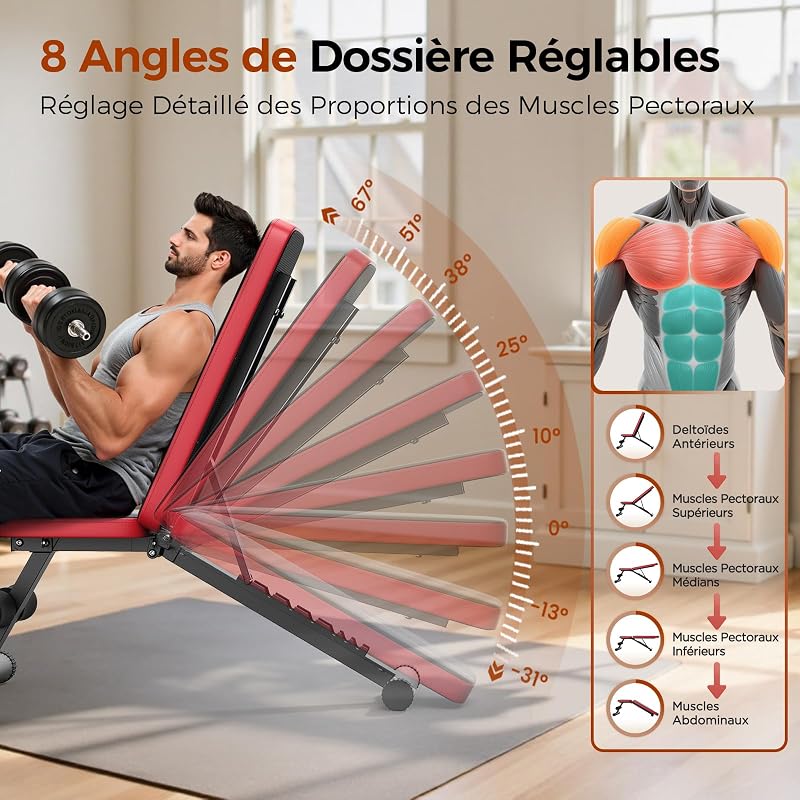 Banc de musculation réglable pour salle de sport à la maison, charge maximale de 300 kg, banc d’entraînement avec 8 positions de dossier pour poitrine, épaules et bras