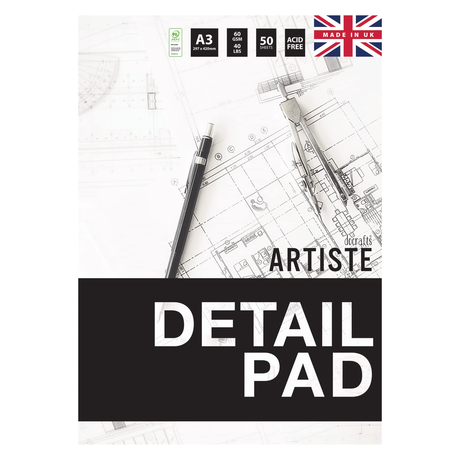 Artiste Detail Paper Pad, 60gsm, 50 Sheets, White, A3, Ideal Sketchbook for Adults, Art Notebook for Artists and Kids, Creative Book for Drawing, Dressmaking Paper and Sketching Paper