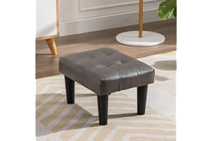 Durfii Small Footstool Ottoman, Faux Leather Wooden Foot Stool Ottoman, Perfect for Living Room, Bedroom, Entryway or Office Seating (Leather Grey,1PCS)