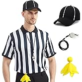 Referee Shirt for Men & Women, 4-Piece Ref Uniform Set with Zipper Collar, Whistle, Hat & Penally Flag for Football & Soccer