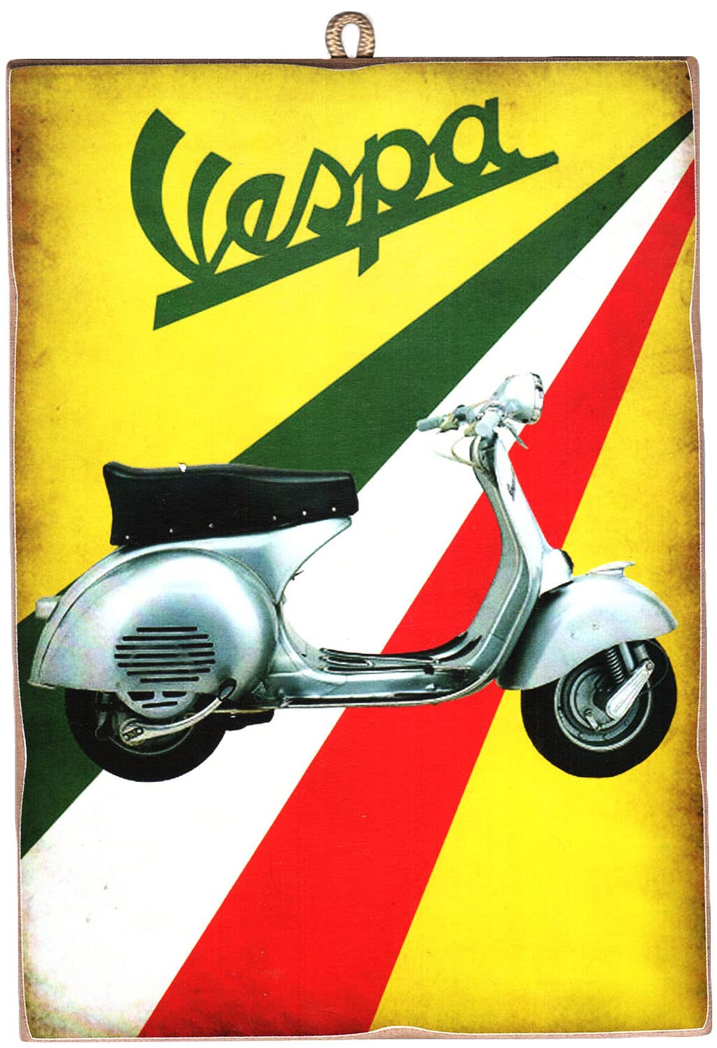 KUSTOM ART CUCUCUBA Picture Picture Picture Vintage Style Scooter Series "Vespa" Colors Italian Flag Print On Wood 25x18 cm.