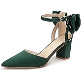LOOPCHARM Womens Closed Pointed Toe Heels with Bow Low Chunky Block Heel Ankle Strap D'Orsay Pumps Bridal Wedding Dress Shoes