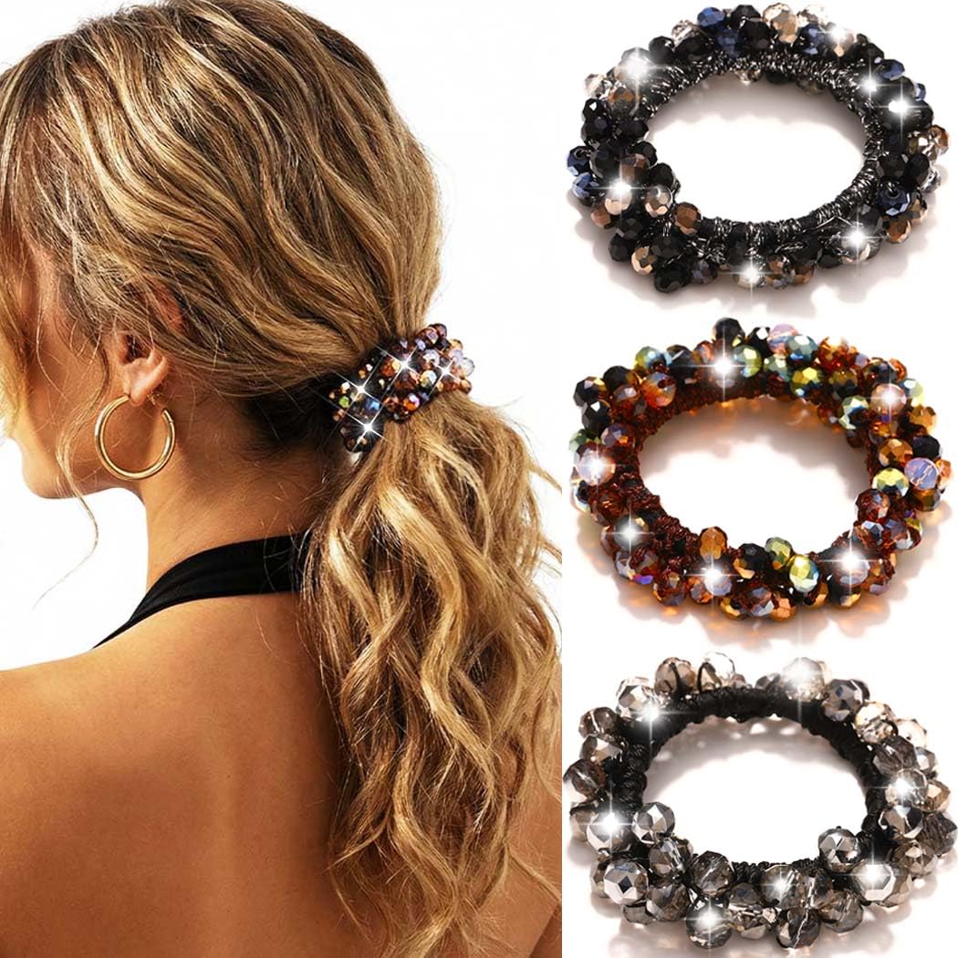 Reaky Rhinestone Hair Tie Beaded Hair Scrunchies Fancy Ponytail Holders Hair Accessories for Women 3 Pcs