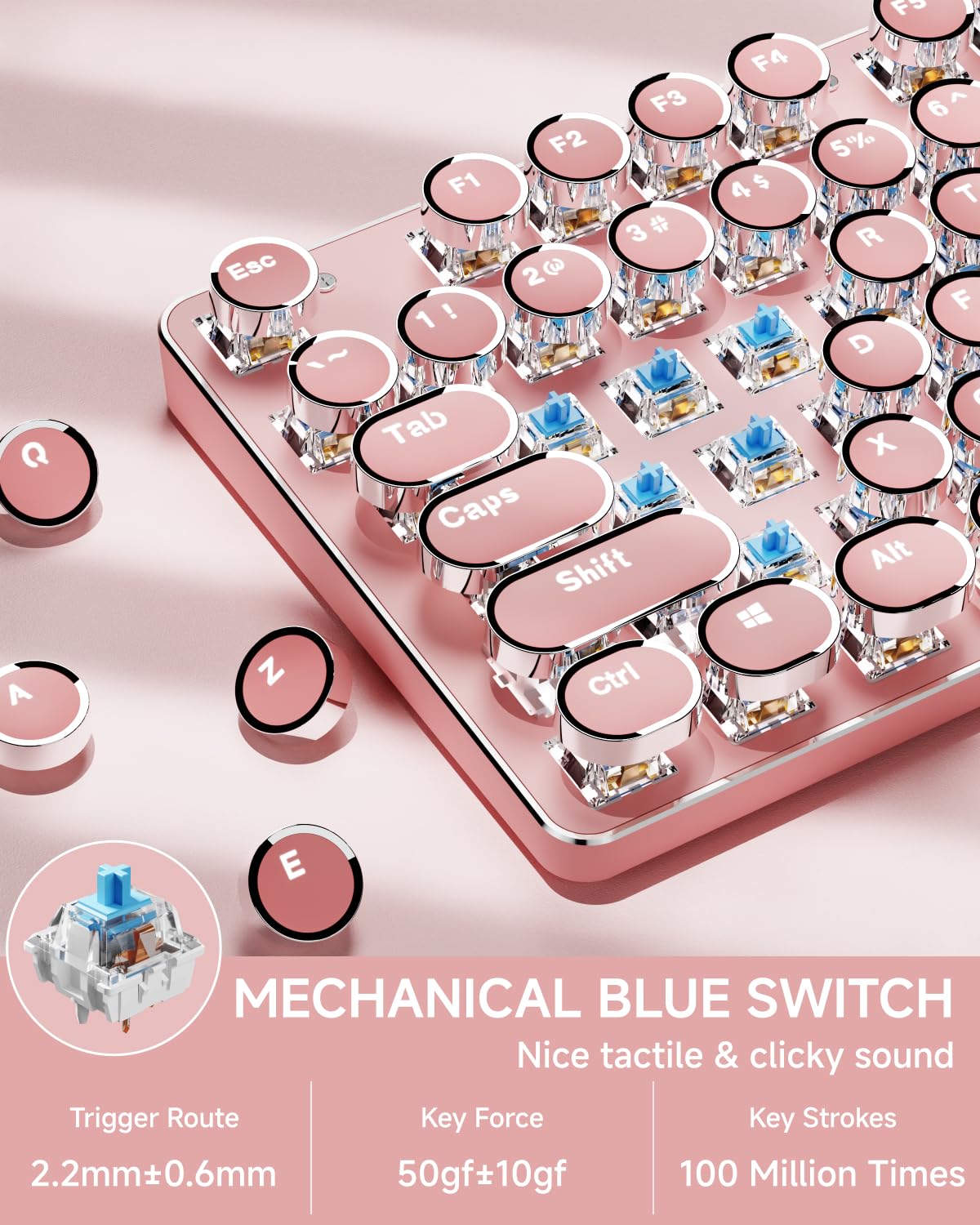 EWEADN TK950 Typewriter Keyboard Wireless Mechanical Keyboard, 104 Keys Aesthetic Typewriter Keyboards with White Backlit, Anti-Ghosting, Blue Switch Bluetooth/2.4GHz/Wired Keyboards-Pink