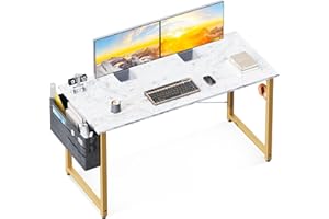 ODK Computer Desk Large Office Desk, 48 Inch Writing Desk with Storage, Modern PC Desk Work Table with Headphone Hook for Home Office, White Marble + Gold Leg