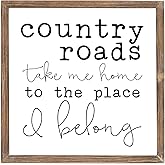 MODE HOME 12" x 12" Country Roads Take Me Home Wood Framed Wall Sign for Home Decor, Farmhouse Wall Decor Sign with Sayings for Living Room, Bedroom, Kitchen, Vintage Country Wall Art