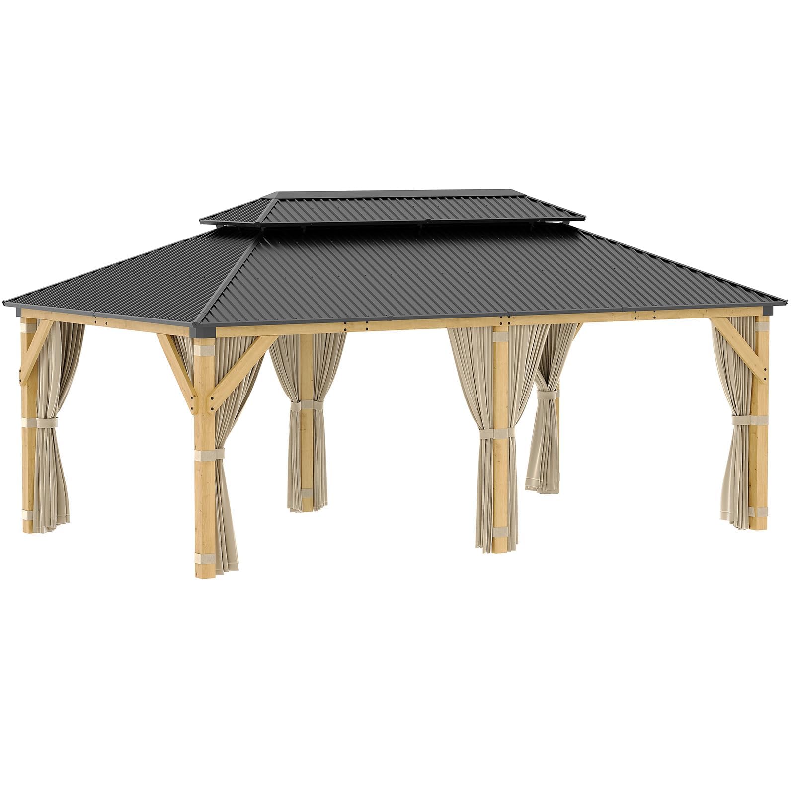 Photo 1 of 12' x 20' Outdoor Wood Gazebo, Hardtop Gazebo Permanent Wooden Pavilion with Galvanized Steel Double Roof, for Patio, Garden, Backyard, Cedar Wood