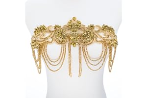 amusediy Glod Beaded Rhinestones Applique Embellishment for Clothes,Epaulettes Shoulder Patches Sew-on Diamond Sequin Applique for Wedding Dress DIY Accessories Belt Waist Decoration