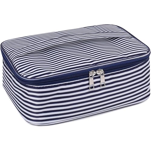 Travel Makeup Bag Large Cosmetic Bag Make up Case Organizer for Women and Girls (Blue Stripe)