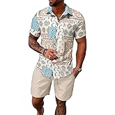 COZYEASE Men's 2 Pieces Floral Letter Graphic Print Button Front Short Sleeve Shirt Top and Shorts Set