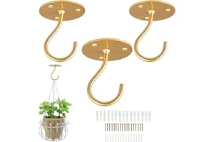 LANGPU Ceiling Hooks for Hanging Plants-Metal Heavy Duty Wall Mounted Hangers for Hanging Bird Feeders, Planters, Wind Chimes, Include Professional Drywall Anchors (3-Pack) (Gold)