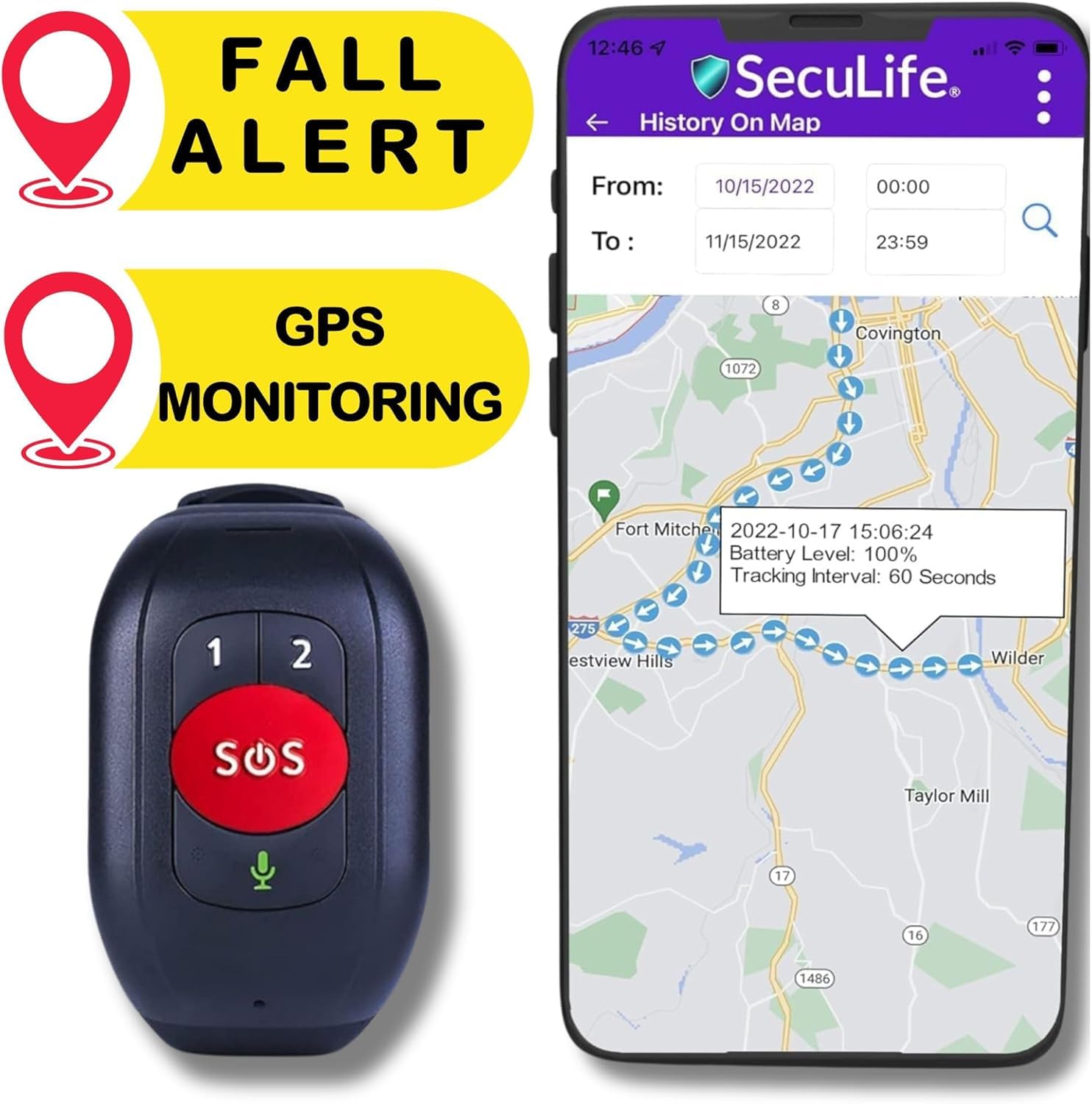 SecuLife SOS Wristband Medical Alert Bracelet – Fall Alert Device for Elderly with Real-Time GPS, SOS Button & Assistive Speakerphone – Medical Alert System for Seniors with Dementia & Alzheimer’s