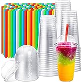 Lallisa 100 Sets Clear Plastic Cups with Dome Lids and Colorful Straws, Disposable Slushie Smoothie Cups PET Beverage for Party Iced Coffee Cold Drinks Juice Milkshake Fruit Tea Dessert(24 oz)