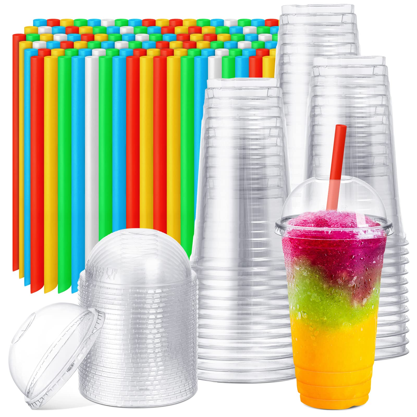 Photo 1 of Lallisa 100 Sets Clear Plastic Cups with Dome Lids and Colorful Straws, Disposable Slushie Smoothie Cups PET Beverage for Party Iced Coffee Cold Drinks Juice Milkshake Fruit Tea Dessert(24 oz)